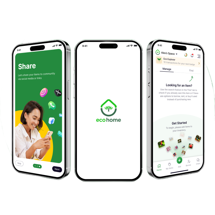ecohome shown across three phone screens — onboarding, inventory and sharing