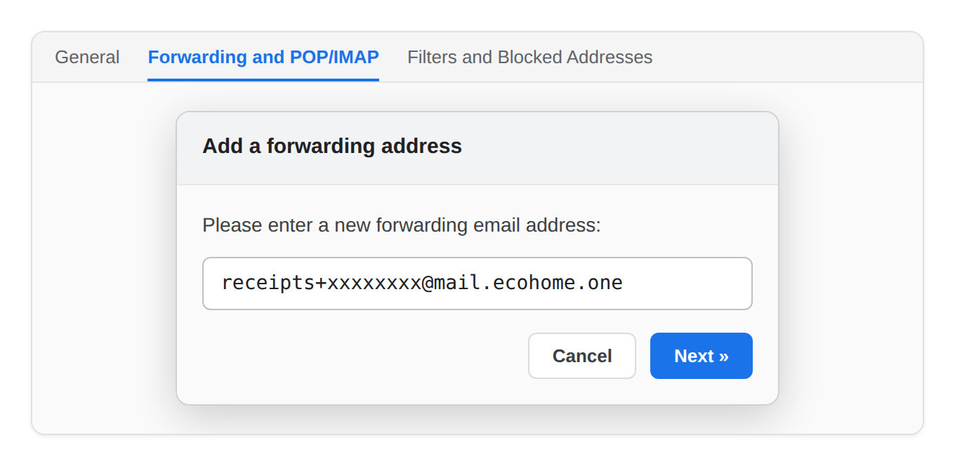 Gmail Add a forwarding address dialog with an EcoHome address entered