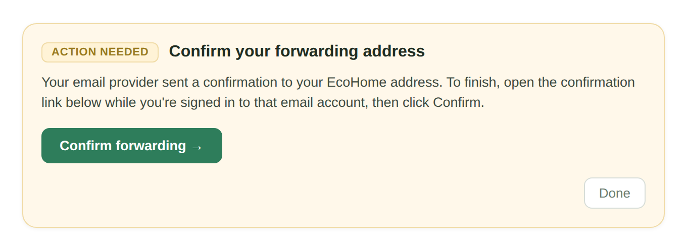 EcoHome Confirm your forwarding address card with a Confirm forwarding button