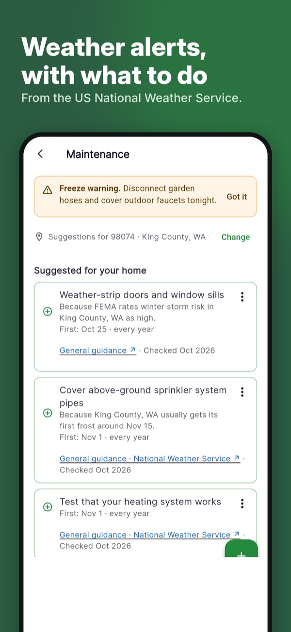 ecohome app screen: Weather alerts, with what to do. From the US National Weather Service.
