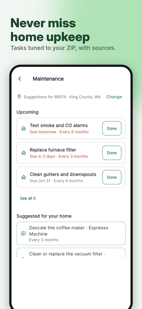 ecohome app screen: Never miss home upkeep, with tasks tuned to where you live.