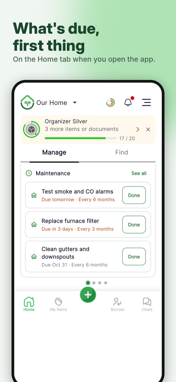 ecohome app screen: What is due, first thing, on the Home tab when you open the app.