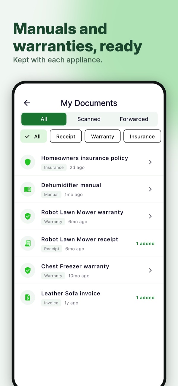 ecohome app screen: Manuals and warranties, ready. Kept with each appliance.