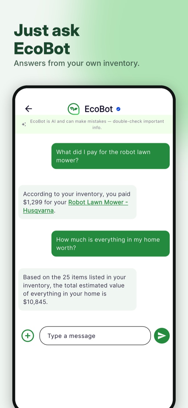 ecohome app screen: Just ask EcoBot. Answers from your own inventory.