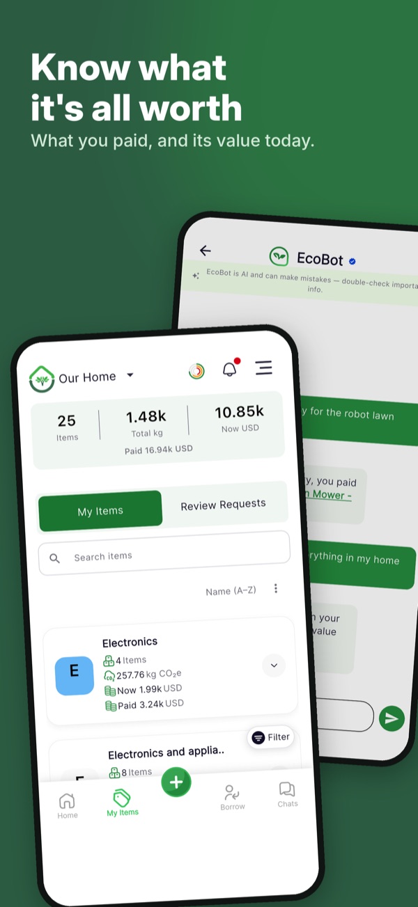 ecohome app screen: Know what it is all worth. What you paid, and its value today.
