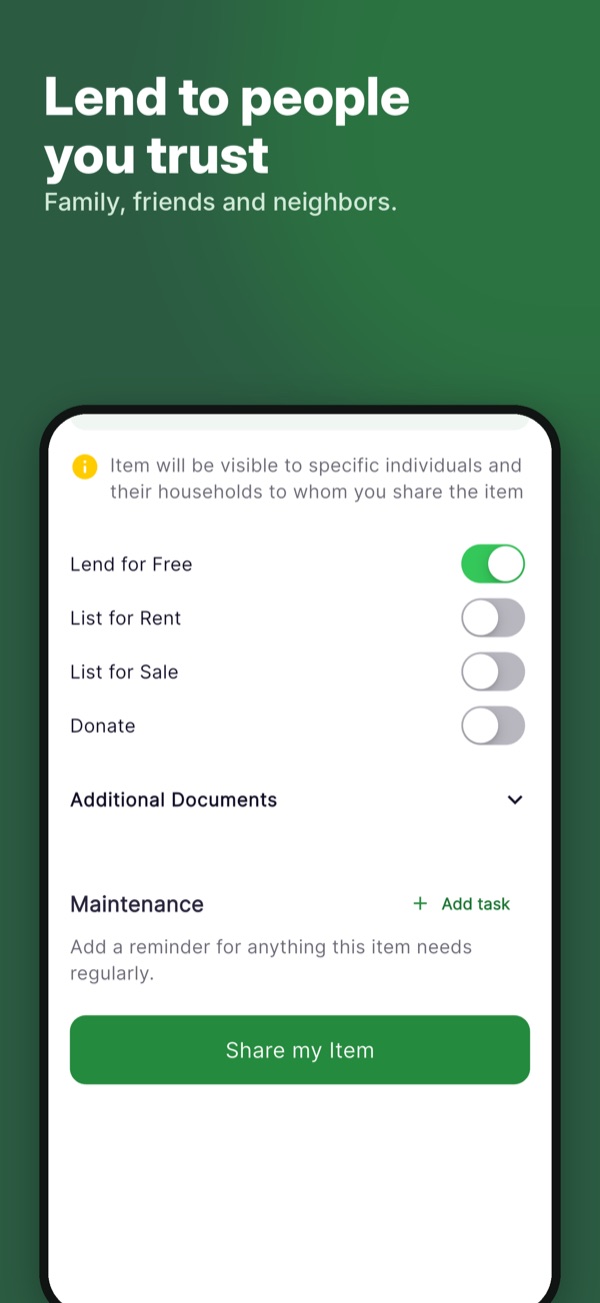 ecohome app screen: Lend to people you trust. Family, friends and neighbors.