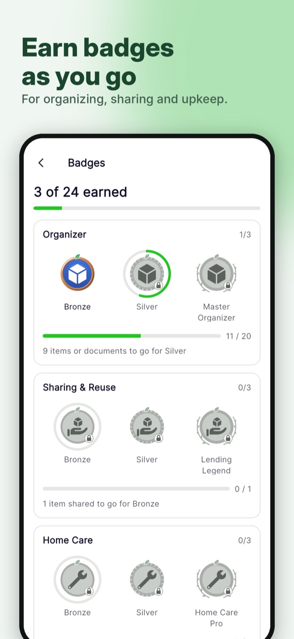 ecohome app screen: Earn badges as you go, for organizing, sharing and upkeep.