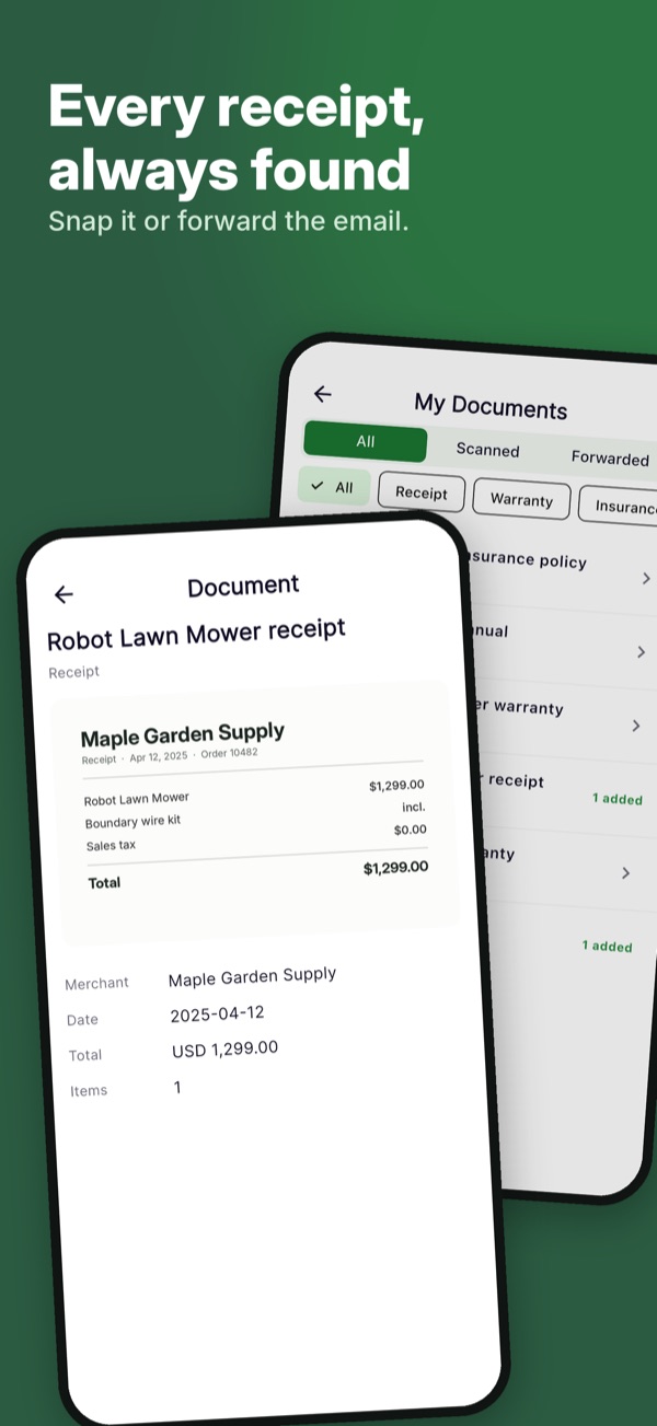 ecohome app screen: Every receipt, always found. Snap it or forward the email.