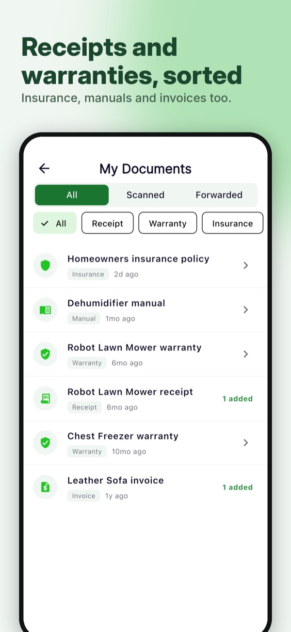 ecohome app screen: Receipts and warranties, sorted. Insurance, manuals and invoices too.