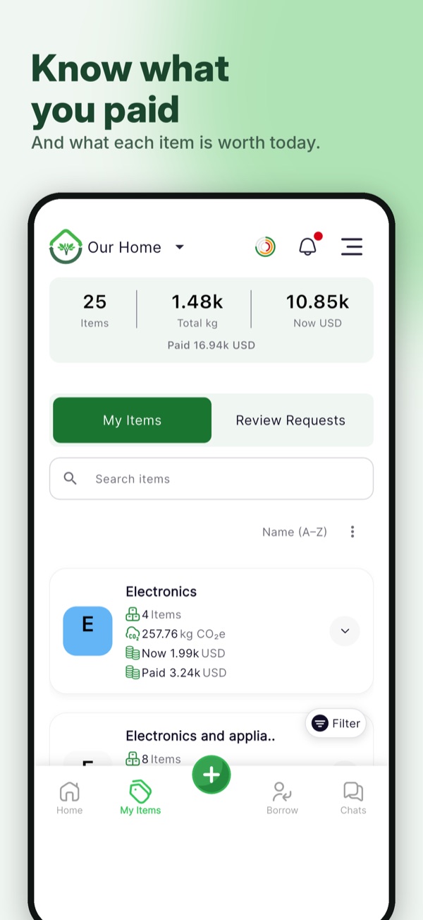ecohome app screen: Know what you paid, and what each item is worth today.