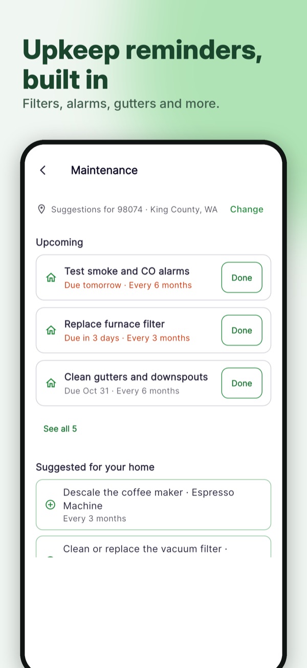 ecohome app screen: Upkeep reminders, built in. Filters, alarms, gutters and more.