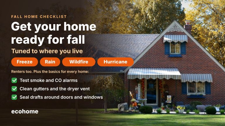Brick house with fall trees under the headline Get your home ready for fall, tuned to where you live, with freeze, rain, wildfire and hurricane tags
