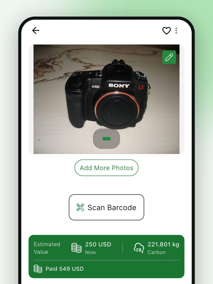 ecohome item screen for a DSLR camera with photo, estimated value and price paid