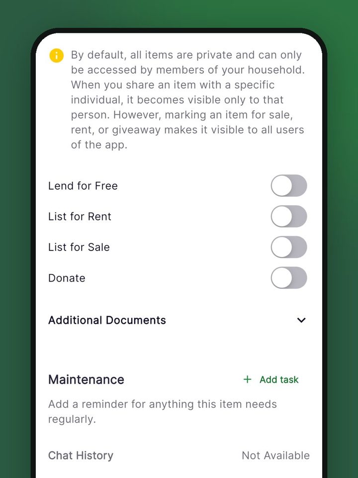 ecohome sharing settings with switches for Lend for Free, List for Rent, List for Sale and Donate