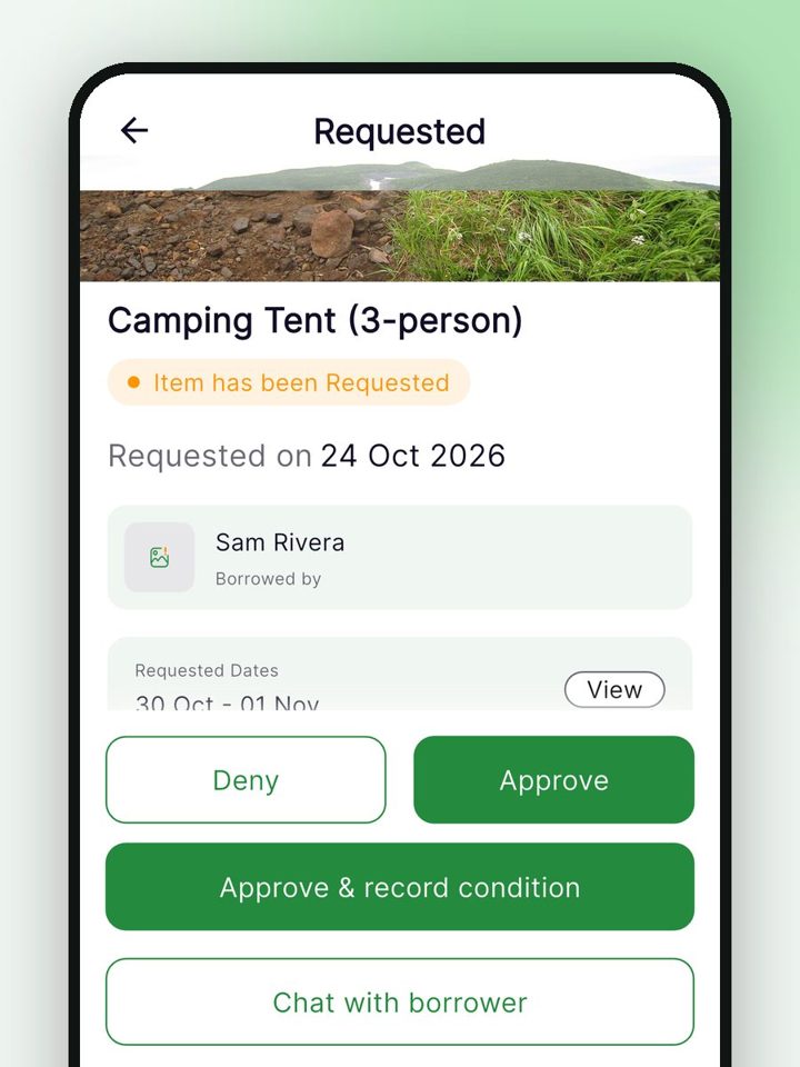 ecohome request screen for a camping tent with Deny, Approve and Approve and record condition buttons