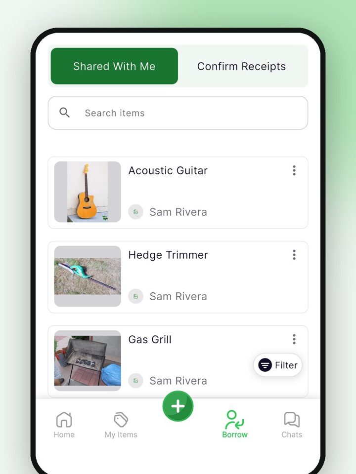 ecohome Borrow tab listing items a neighbor shared: acoustic guitar, hedge trimmer and gas grill
