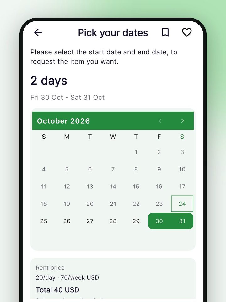 ecohome rental date picker showing two days selected and a total of 40 USD